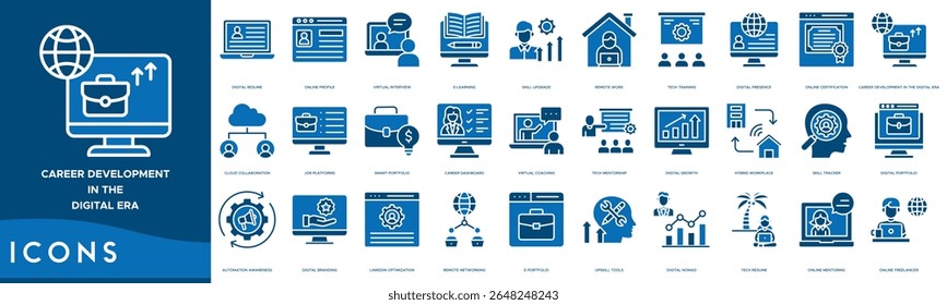 Desenvolvimento de carreira no conjunto de ícones da Era Digital. Currículo digital, perfil on-line, entrevista virtual, e-learning, atualização de habilidades, trabalho remoto e treinamento técnico