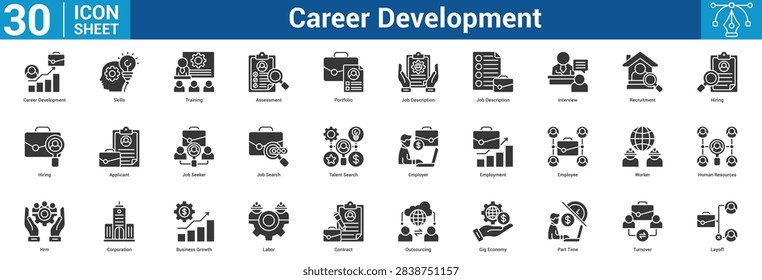 Career Development editable icon set vector illustration concept for business with icon of Career Development, Skills, Training, Assessment, Portfolio, Job Description, Job Description, Interview.