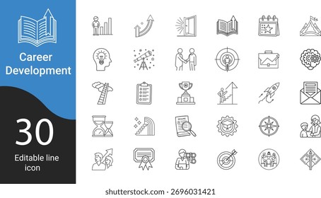 Career Development Editable Line Icon Set. Vector Symbols for Professional Growth, Success, Learning, and Business Strategy.