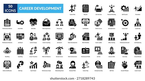 Conjunto de iconos de glifo de desarrollo profesional. Trayectoria Profesional, Documento De Currículum, Consejos Para Entrevistas, Estrategia De Marca Personal, Mejora De Las Habilidades, Oportunidad De Promoción, Habilidades De Liderazgo