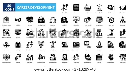 Career Development Glyph Icon Set. Career Path, Resume Document, Interview Tips, Personal Branding Strategy, Skill Enhancement, Promotion Opportunity, Leadership Skills