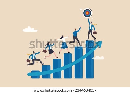 Career development, growth or step to reach goal, ladder to stairway to achieve target, employee engagement, challenge or inspiration concept, employee running on growth graph to reach manager target.