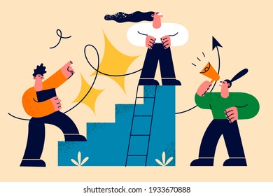 Career, development, growth in work concept. Business people cartoon characters climbing corporate ladder, achieving career growth, career planning vector illustration 