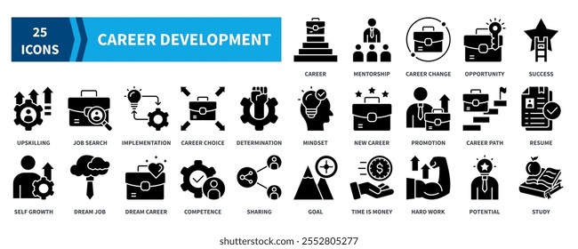 Conjunto de coleções de ícones de Desenvolvimento de Carreira. Contendo carreira, mentoreamento, oportunidade, sucesso, upskilling, implementação, ícone de promoção. Vetor de preenchimento preto simples.