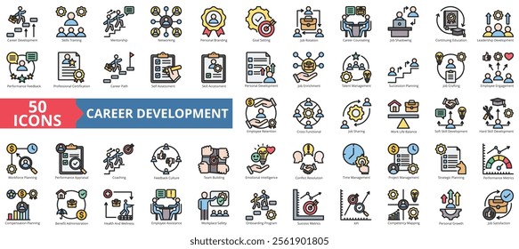 Career development icon collection set. Containing skills, training, mentorship, networking, personal branding, goal setting, job rotation icon. Simple flat outline vector illustration