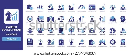 CAREER DEVELOPMENT icon set featuring duo-tone solid designs of career success, job interview, goal achievement, talent recognition, and professional networking for personal growth.