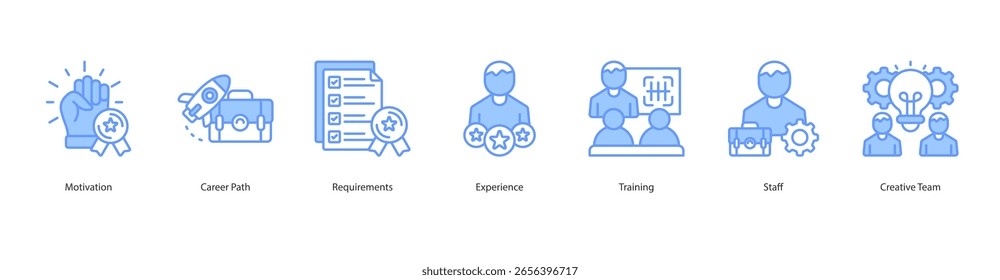 Career Development icon set vcetor motivation, career path, requirements, experience, training, staff, creative team