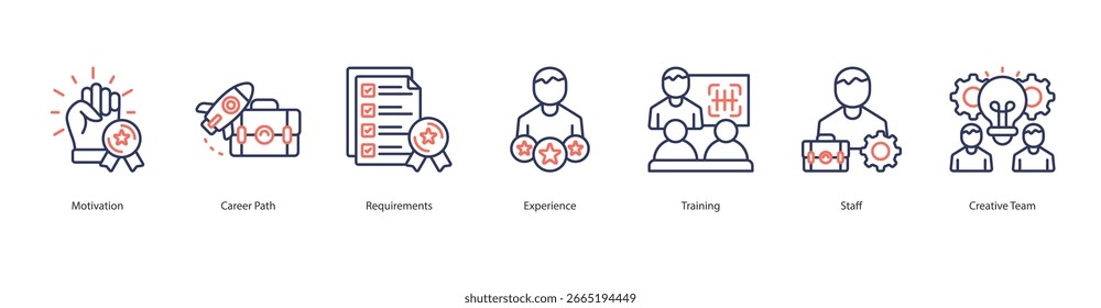 Career Development icon set vcetor motivation, career path, requirements, experience, training, staff, creative team