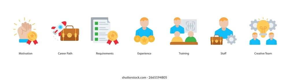 Career Development icon set vcetor motivation, career path, requirements, experience, training, staff, creative team