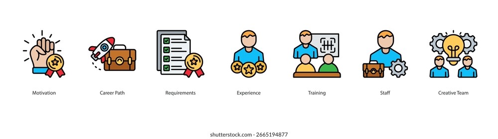 Career Development icon set vcetor motivation, career path, requirements, experience, training, staff, creative team