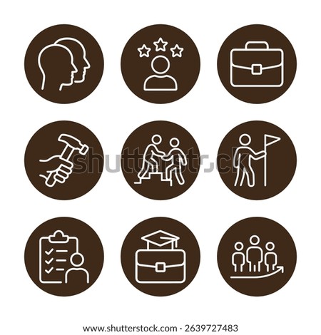 Career development icons in brown circles. Icon symbol illustration