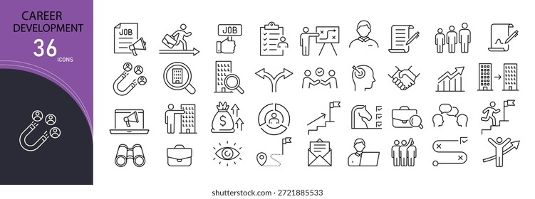 Conjunto de iconos de desarrollo profesional. Incluye iconos para el crecimiento profesional, la creación de habilidades, el aprendizaje, la formación, la promoción, el liderazgo, el establecimiento de objetivos, el camino del éxito, la tutoría y la progresión laboral.