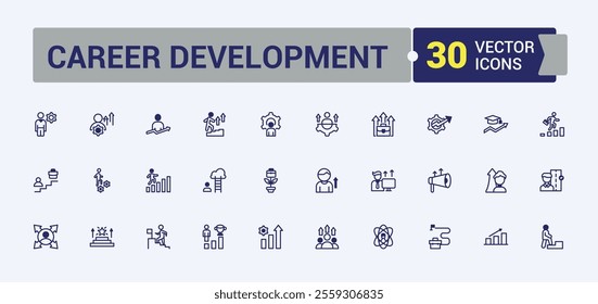 Career Development icons set in linear style. Featuring month, meeting, schedule, search, website, management, web, line. Simple icon designs. Vector outline and solid icons collection.