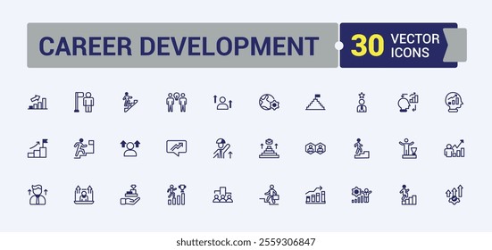 Career Development icons set in linear style. Featuring month, meeting, schedule, search, website, management, web, line. Simple icon designs. Vector outline and solid icons collection.