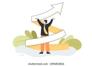 Career development, increase in skills of advanced businessman. Tiny man standing with twist arrow flat vector illustration. Process of personal evolution and growth, education, motivation concept