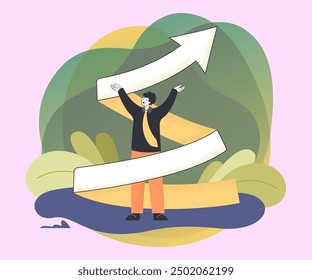 Career development, increase in skills of advanced businessman. Tiny man standing with twist arrow flat vector illustration. Process of personal evolution and growth, education, motivation concept