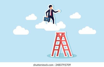 Career development involves achieving, showcasing leadership vision, and implementing successful business strategies, concept of A confident businessman leader climbs stairs toward lofty clouds