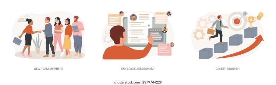 Career development isolated concept vector illustration set. New team members, employee assessment, career growth, performance review, SWOT analysis, job position, project team vector concept.