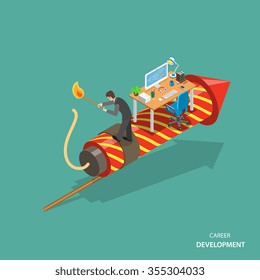 Career development isometric flat vector concept. Man is standing on the firework rocket and trying to set it on fire to growth his career track.