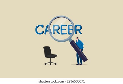 Career development, job search tool and services.  hiring, employment, freelance, jobs, career concept. Employee use magnifying glass zooming the word career. Illustration
