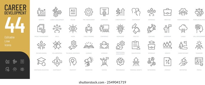 Editierbare Symbole für die Karriereentwicklungszeile. Vektorgrafik im modernen dünnen Linienstil von berufsbezogenen Symbolen: Fertigkeiten, Übung, Wissen und mehr. Piktogramme und Infografiken für mobile App