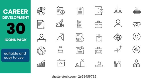 Linha de desenvolvimento de carreira conjunto de ícones editáveis. Ilustração vetorial no estilo moderno de linha fina de ícones relacionados à profissão: habilidades, prática, conhecimento e muito mais. Pictogramas e infográficos para aplicativo móvel