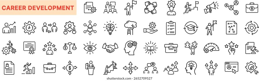 Conjunto de Ícones de Linha de Desenvolvimento de Carreira Apresentando Gráfico de Crescimento, Treinamento de Habilidades, Certificação, Liderança, Cap de Graduação, Conquista de Metas, Porta-arquivos, Handshake, Currículo, Motivação, Objetivo do Cargo e Treinamento