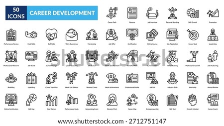 Career Development Line Icon Set. Career Path, Resume Document, Interview Tips, Personal Branding Strategy, Skill Enhancement, Promotion Opportunity, Leadership Skills
