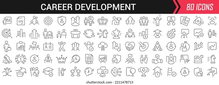 Career development linear icons in black. Big UI icons collection in a flat design. Thin outline signs pack. Big set of icons for design