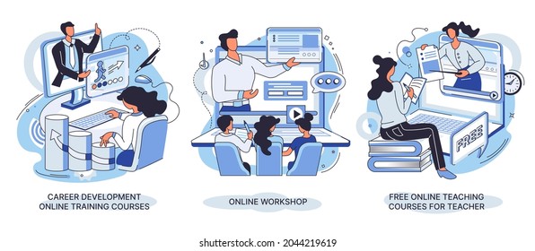 Career development online training courses, online workshop, online teaching courses for teacher. E-learning banners set. Web tutorials concept. Education vlog. Distance web learning with webinar