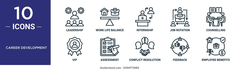 career development outline icon set includes thin line leadership, work life balance, internship, job rotation, counselling, vip, assessment icons for report, presentation, diagram, web design