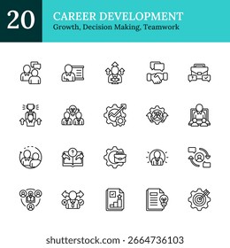 Career Development Outline Icon Sheet Vector Design - growth, decision making, progress, and teamwork