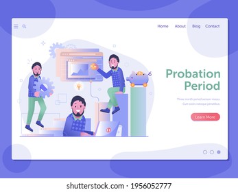 Career Development And Personal Goal Achievement Web Banner With Young Professional Employee Working. Manager Or Website Developer Probation Period Landing Page Template. Work Management Process.