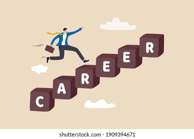 Career development, personal development or job promotion, work experience and responsibility growth concept, smart confident businessman running fast on career stairway rising up to achieve success.