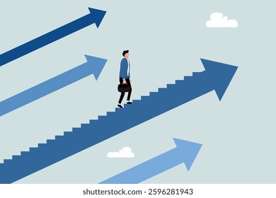 Career development, personal development or job promotion, the concept of growth in work experience and responsibility, smart and confident entrepreneurs walking on the arrow ladder of the career