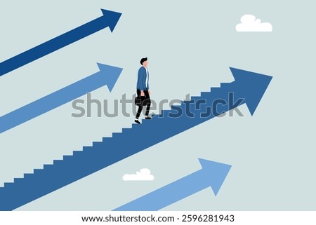 Career development, personal development or job promotion, the concept of growth in work experience and responsibility, smart and confident entrepreneurs walking on the arrow ladder of the career