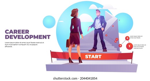 Career development poster with girl worker and ladder to professional success. Vector banner with cartoon illustration of businessman greets woman employee at start