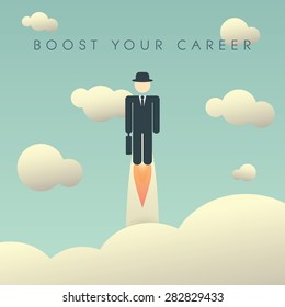 Career development poster template with businessman flying high. Climbing corporate ladder human resources background. Eps10 vector illustration.