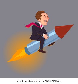 career development, rocket, success, happy cartoon character, vector illustration