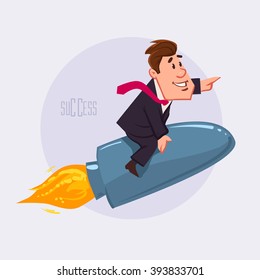 career development, rocket, success, happy cartoon character, vector illustration