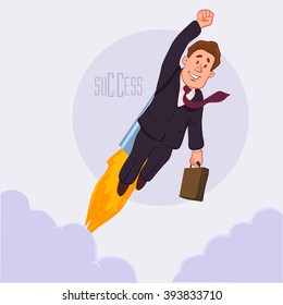 career development, rocket, success, happy cartoon character, vector illustration