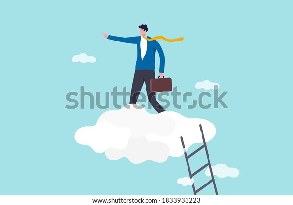 Career development, senior management position,\
leadership vision, success business strategy concept, confidence\
businessman leader climbing stair to high cloud to guide company to\
the right direction