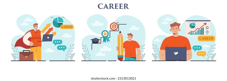 Career development set. Employee qualification increase and skills improvement. Professional growth towards a goal. Confindent employee achieved success. Flat vector illustration