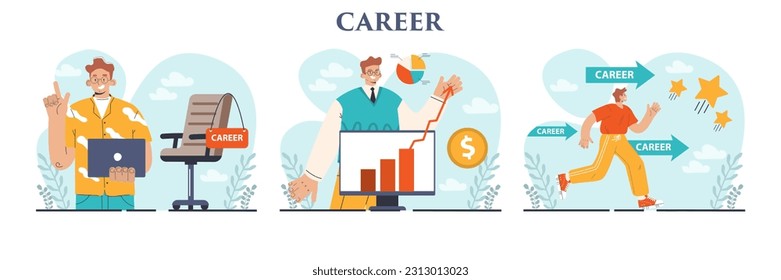 Career development set. Employee qualification increase and skills improvement. Professional growth towards a goal. Confindent employee achieved success. Flat vector illustration