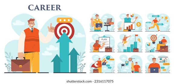 Career development set. Employee qualification increase and skills improvement. Professional growth towards a goal. Confindent employee achieved success. Flat vector illustration