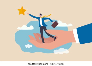 Career Development Support, Assistant Or Mentor To Help Reach Business Goal To Achieve Target Concept, Helping Hand Lift Up Businessman Employee To Overcome Obstacle Reaching The Star In The Sky.