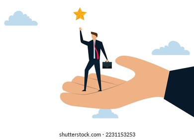 Career development support, helping hand lift up businessman employee to overcome obstacle reaching the star in the sky.