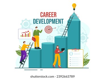 Career Development Vector Illustration with Ladder to Success and Growing Revenue on Improve Bar Graph in Business Goal Flat Background Design