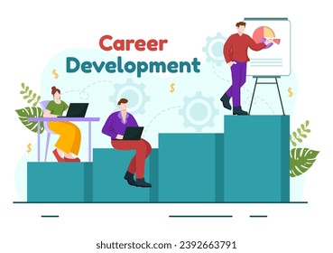 Career Development Vector Illustration with Ladder to Success and Growing Revenue on Improve Bar Graph in Business Goal Flat Background Design