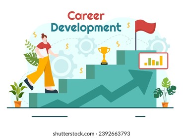 Career Development Vector Illustration with Ladder to Success and Growing Revenue on Improve Bar Graph in Business Goal Flat Background Design